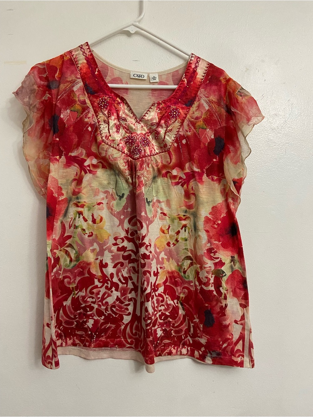 Cato Red Floral Beaded V-Neck Blouse Flutter Sleeve
